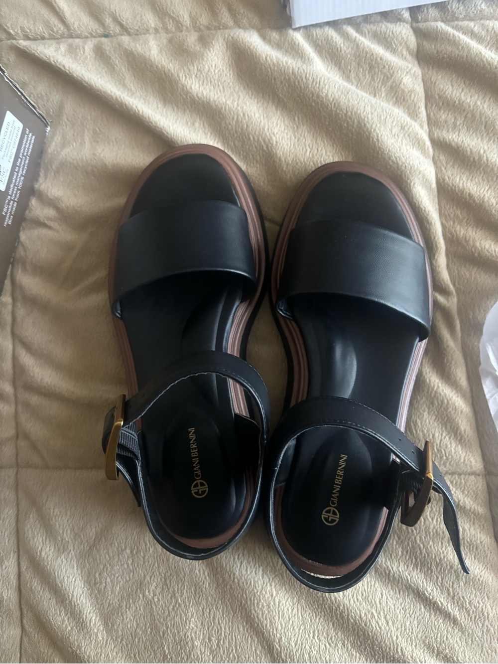 Giani Bernini Black Leather Platform Slide Sandals with Brown Trim